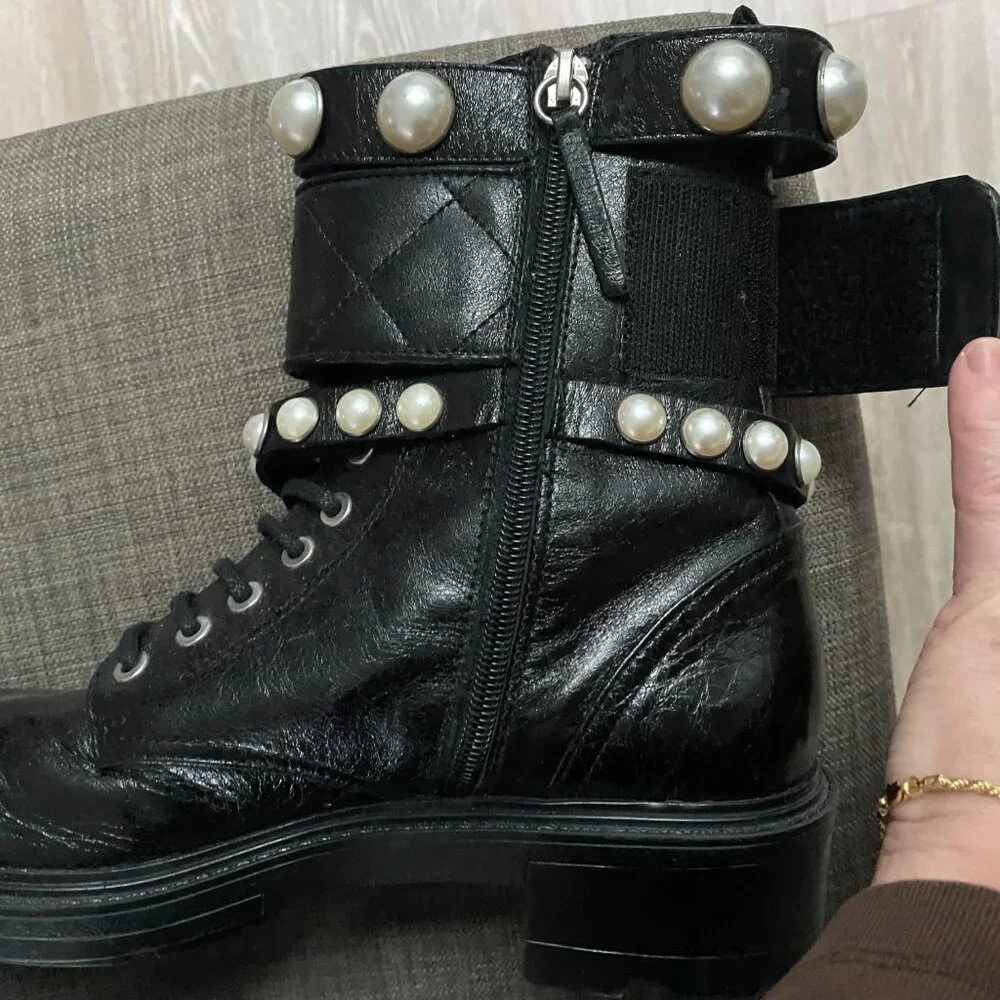 Zara Black Leather Pearl Studded Straps Lace Up Combat Goth Y2K Military Boots 9